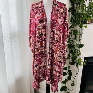 True Craft Colorful Floral Long Open Front Duster Wrap Aztec Southwestern OS